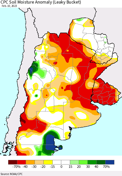 Southern South America CPC Soil Moisture Anomaly (Leaky Bucket) Thematic Map For 2/6/2023 - 2/10/2023
