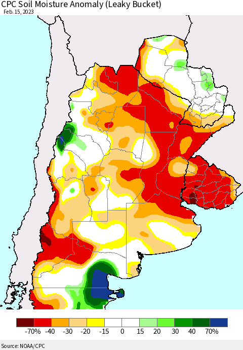 Southern South America CPC Soil Moisture Anomaly (Leaky Bucket) Thematic Map For 2/11/2023 - 2/15/2023