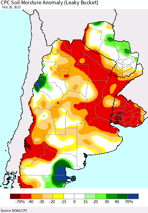 Southern South America CPC Soil Moisture Anomaly (Leaky Bucket) Thematic Map For 2/16/2023 - 2/20/2023
