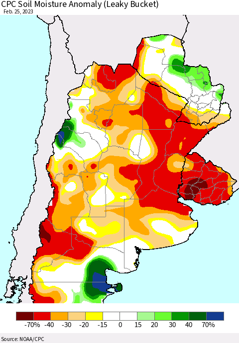 Southern South America CPC Soil Moisture Anomaly (Leaky Bucket) Thematic Map For 2/21/2023 - 2/25/2023