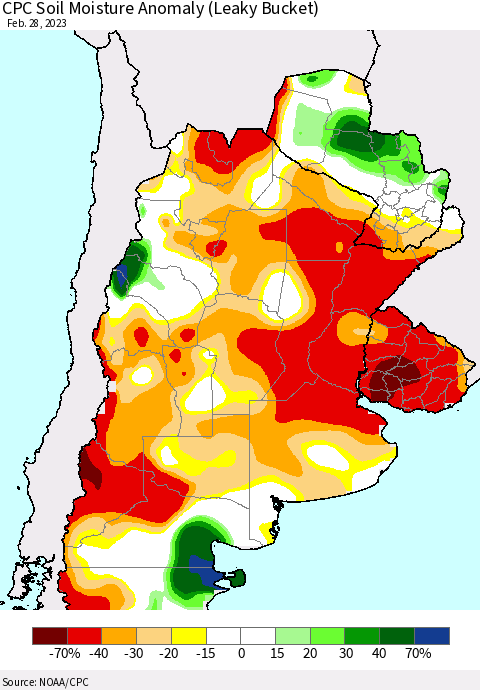 Southern South America CPC Soil Moisture Anomaly (Leaky Bucket) Thematic Map For 2/26/2023 - 2/28/2023