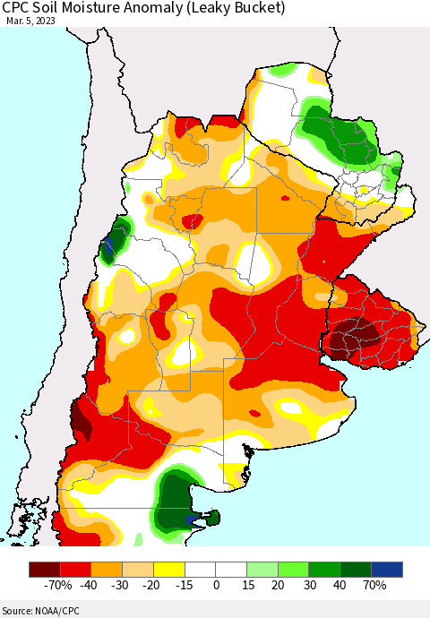 Southern South America CPC Soil Moisture Anomaly (Leaky Bucket) Thematic Map For 3/1/2023 - 3/5/2023
