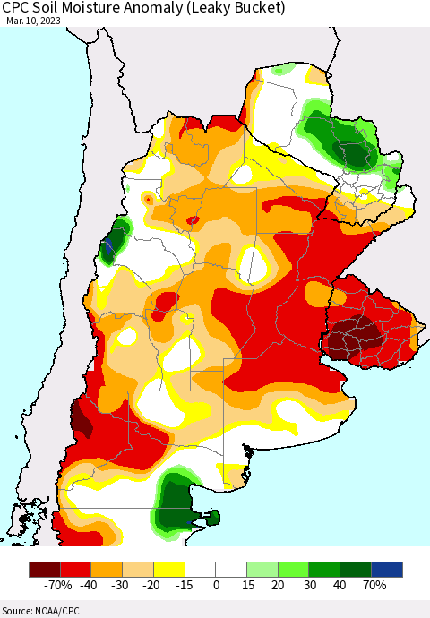 Southern South America CPC Soil Moisture Anomaly (Leaky Bucket) Thematic Map For 3/6/2023 - 3/10/2023