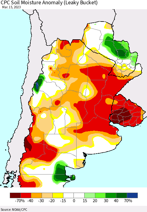 Southern South America CPC Soil Moisture Anomaly (Leaky Bucket) Thematic Map For 3/11/2023 - 3/15/2023