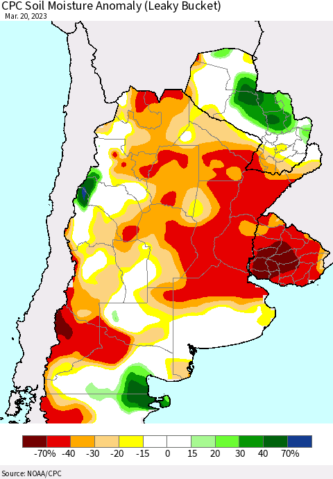 Southern South America CPC Soil Moisture Anomaly (Leaky Bucket) Thematic Map For 3/16/2023 - 3/20/2023