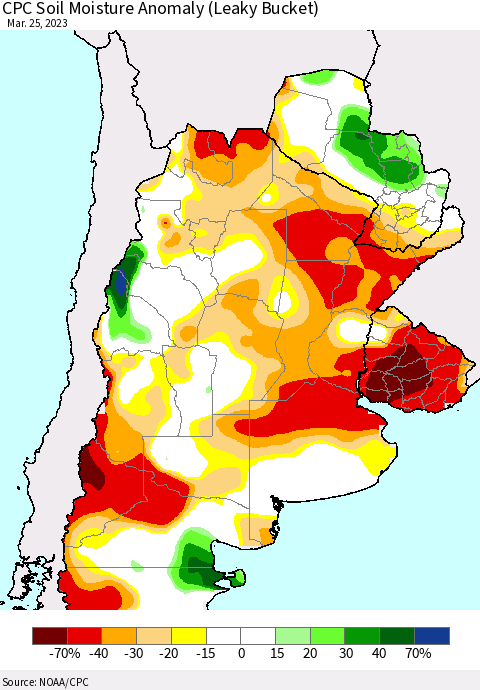 Southern South America CPC Soil Moisture Anomaly (Leaky Bucket) Thematic Map For 3/21/2023 - 3/25/2023