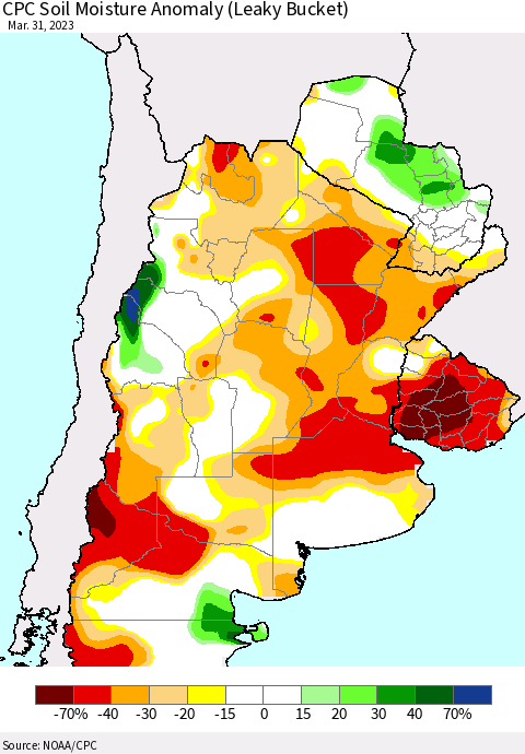 Southern South America CPC Soil Moisture Anomaly (Leaky Bucket) Thematic Map For 3/26/2023 - 3/31/2023