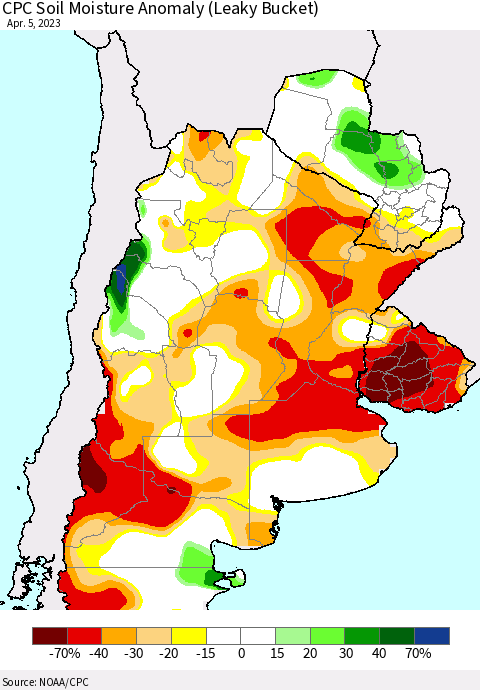 Southern South America CPC Soil Moisture Anomaly (Leaky Bucket) Thematic Map For 4/1/2023 - 4/5/2023