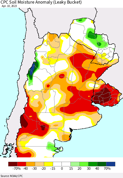 Southern South America CPC Soil Moisture Anomaly (Leaky Bucket) Thematic Map For 4/6/2023 - 4/10/2023