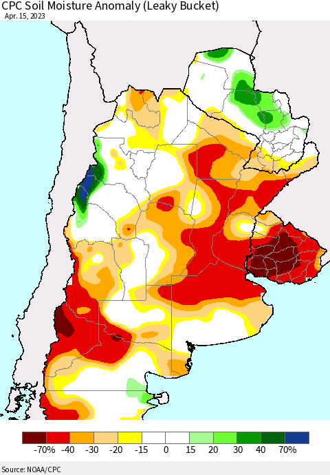 Southern South America CPC Soil Moisture Anomaly (Leaky Bucket) Thematic Map For 4/11/2023 - 4/15/2023
