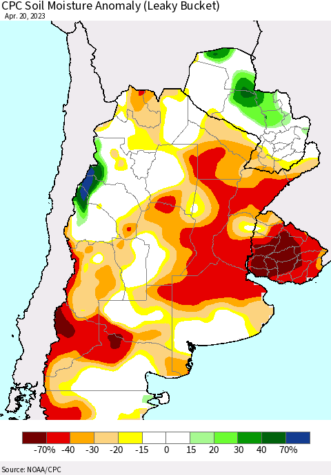 Southern South America CPC Soil Moisture Anomaly (Leaky Bucket) Thematic Map For 4/16/2023 - 4/20/2023