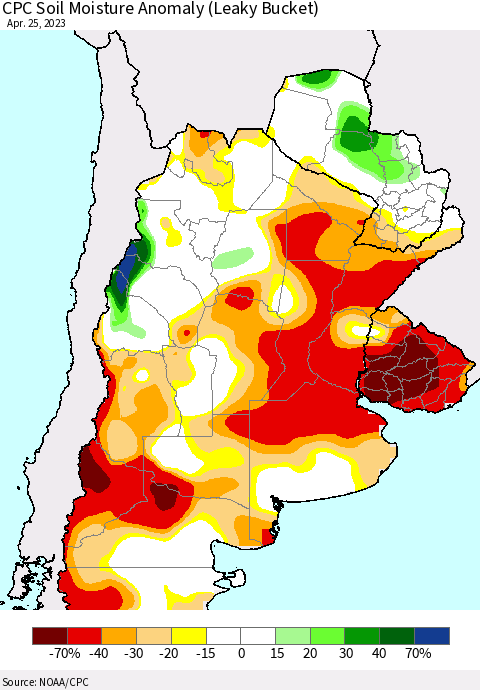 Southern South America CPC Soil Moisture Anomaly (Leaky Bucket) Thematic Map For 4/21/2023 - 4/25/2023