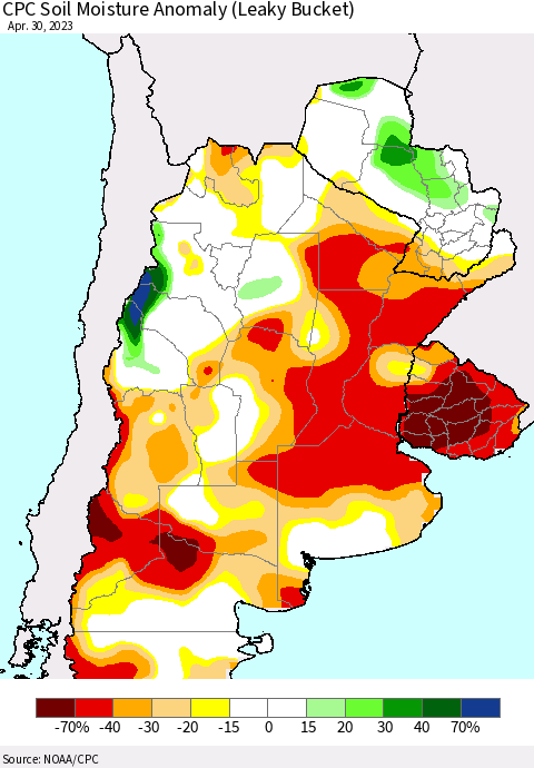 Southern South America CPC Soil Moisture Anomaly (Leaky Bucket) Thematic Map For 4/26/2023 - 4/30/2023