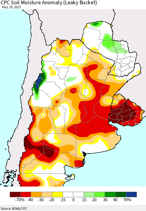 Southern South America CPC Soil Moisture Anomaly (Leaky Bucket) Thematic Map For 5/6/2023 - 5/10/2023