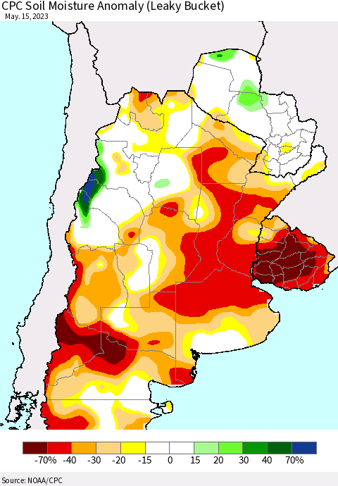 Southern South America CPC Soil Moisture Anomaly (Leaky Bucket) Thematic Map For 5/11/2023 - 5/15/2023