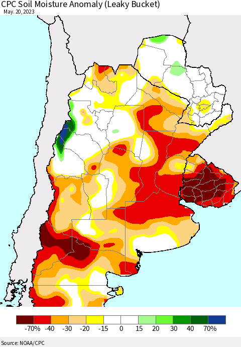Southern South America CPC Soil Moisture Anomaly (Leaky Bucket) Thematic Map For 5/16/2023 - 5/20/2023