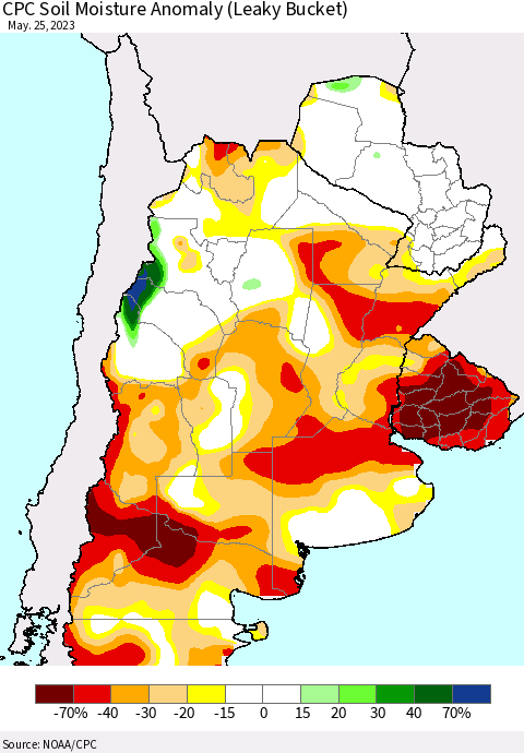 Southern South America CPC Soil Moisture Anomaly (Leaky Bucket) Thematic Map For 5/21/2023 - 5/25/2023