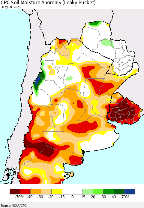 Southern South America CPC Soil Moisture Anomaly (Leaky Bucket) Thematic Map For 5/26/2023 - 5/31/2023