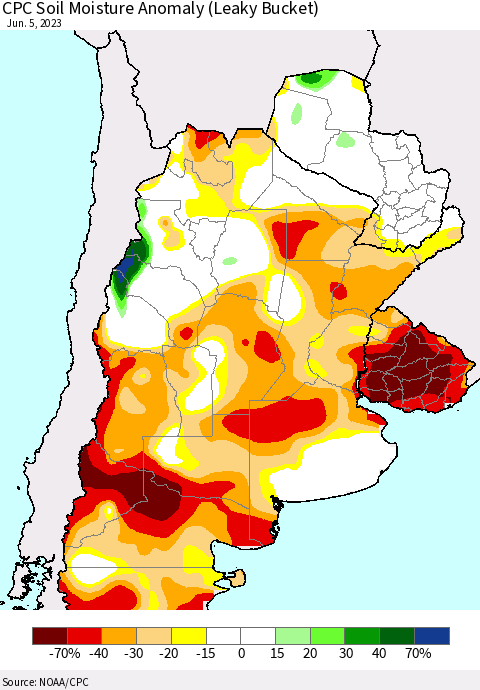 Southern South America CPC Soil Moisture Anomaly (Leaky Bucket) Thematic Map For 6/1/2023 - 6/5/2023