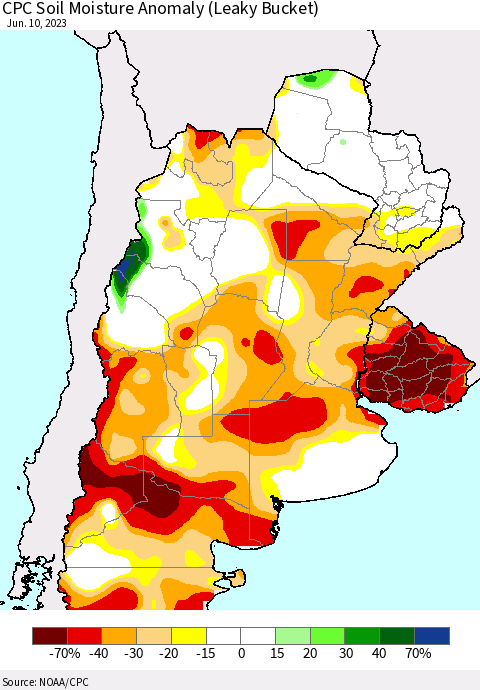 Southern South America CPC Soil Moisture Anomaly (Leaky Bucket) Thematic Map For 6/6/2023 - 6/10/2023