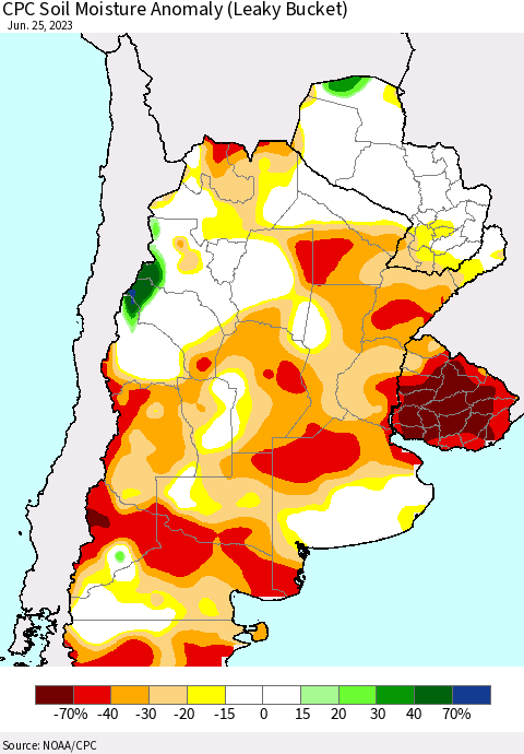 Southern South America CPC Soil Moisture Anomaly (Leaky Bucket) Thematic Map For 6/21/2023 - 6/25/2023