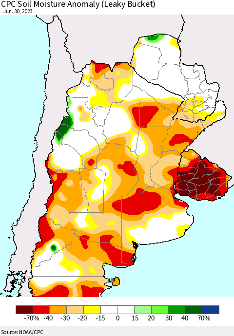Southern South America CPC Soil Moisture Anomaly (Leaky Bucket) Thematic Map For 6/26/2023 - 6/30/2023