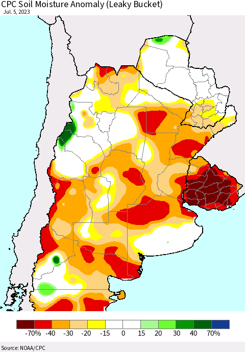 Southern South America CPC Soil Moisture Anomaly (Leaky Bucket) Thematic Map For 7/1/2023 - 7/5/2023
