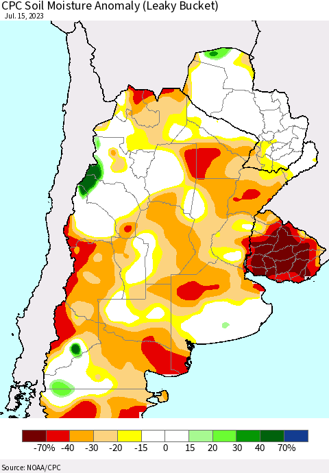 Southern South America CPC Soil Moisture Anomaly (Leaky Bucket) Thematic Map For 7/11/2023 - 7/15/2023