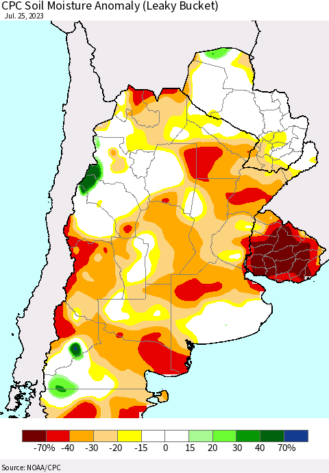 Southern South America CPC Soil Moisture Anomaly (Leaky Bucket) Thematic Map For 7/21/2023 - 7/25/2023