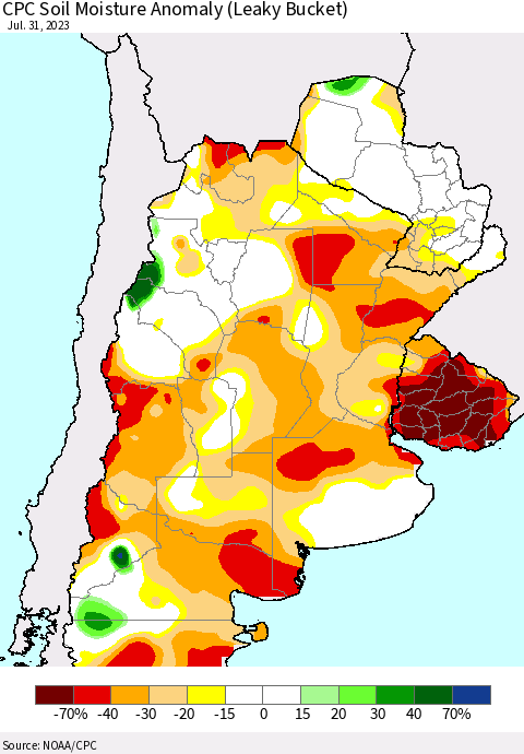Southern South America CPC Soil Moisture Anomaly (Leaky Bucket) Thematic Map For 7/26/2023 - 7/31/2023