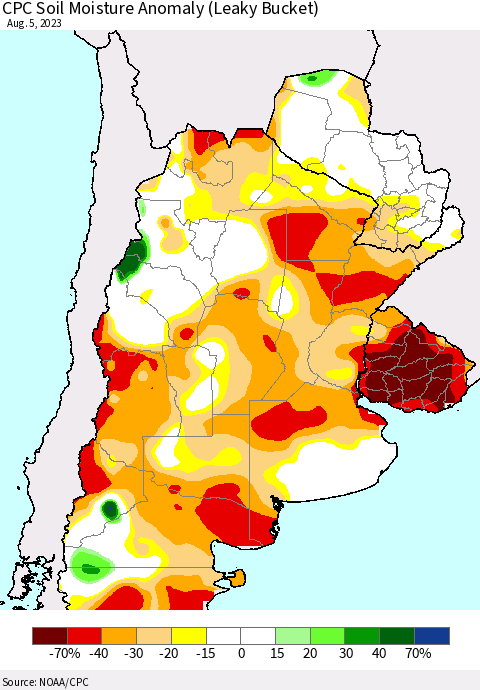 Southern South America CPC Soil Moisture Anomaly (Leaky Bucket) Thematic Map For 8/1/2023 - 8/5/2023