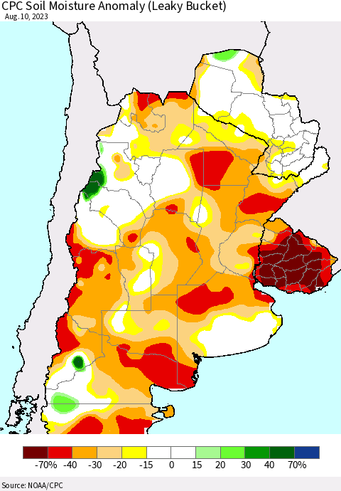 Southern South America CPC Soil Moisture Anomaly (Leaky Bucket) Thematic Map For 8/6/2023 - 8/10/2023