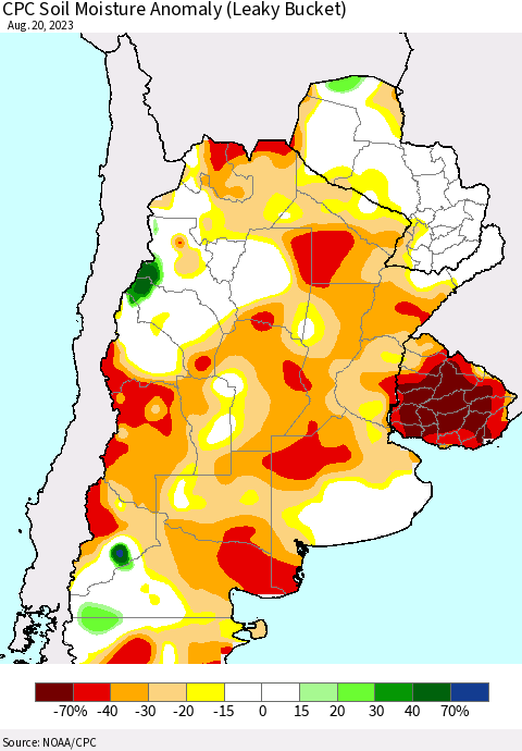 Southern South America CPC Soil Moisture Anomaly (Leaky Bucket) Thematic Map For 8/16/2023 - 8/20/2023