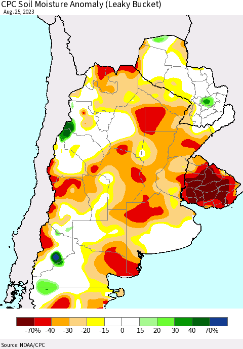 Southern South America CPC Soil Moisture Anomaly (Leaky Bucket) Thematic Map For 8/21/2023 - 8/25/2023