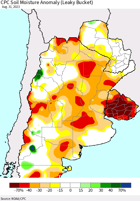 Southern South America CPC Soil Moisture Anomaly (Leaky Bucket) Thematic Map For 8/26/2023 - 8/31/2023