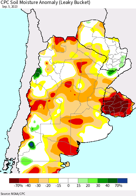 Southern South America CPC Soil Moisture Anomaly (Leaky Bucket) Thematic Map For 9/1/2023 - 9/5/2023