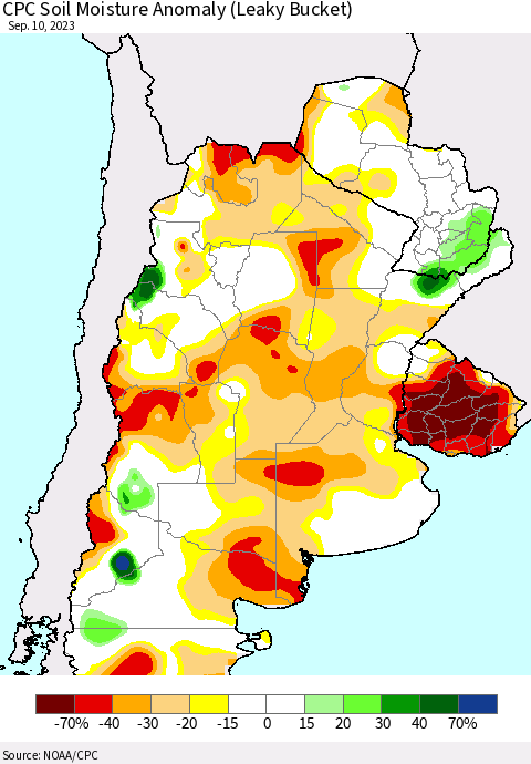Southern South America CPC Soil Moisture Anomaly (Leaky Bucket) Thematic Map For 9/6/2023 - 9/10/2023