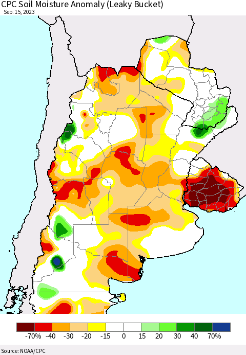 Southern South America CPC Soil Moisture Anomaly (Leaky Bucket) Thematic Map For 9/11/2023 - 9/15/2023