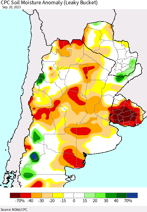 Southern South America CPC Soil Moisture Anomaly (Leaky Bucket) Thematic Map For 9/16/2023 - 9/20/2023