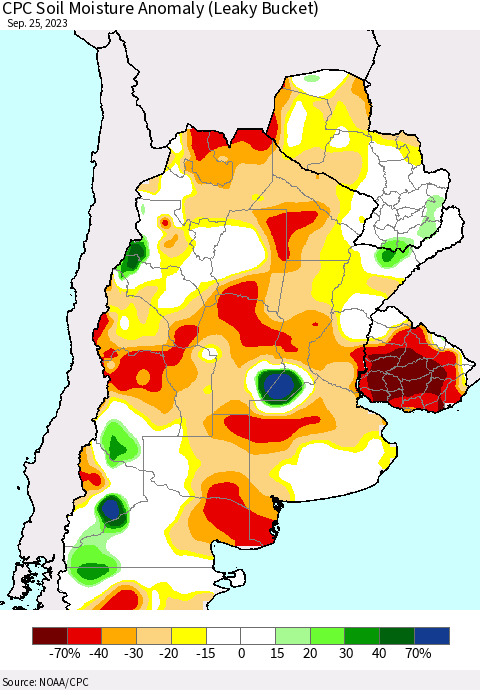 Southern South America CPC Soil Moisture Anomaly (Leaky Bucket) Thematic Map For 9/21/2023 - 9/25/2023