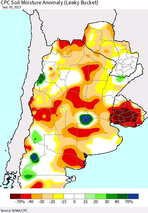 Southern South America CPC Soil Moisture Anomaly (Leaky Bucket) Thematic Map For 9/26/2023 - 9/30/2023