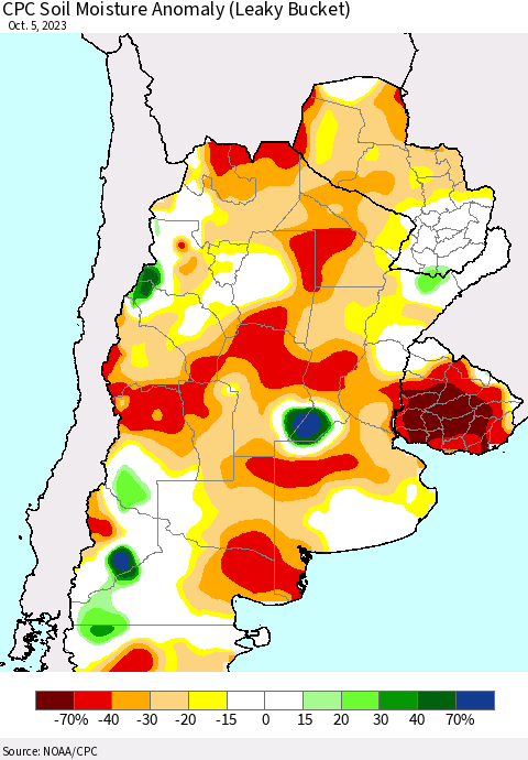 Southern South America CPC Soil Moisture Anomaly (Leaky Bucket) Thematic Map For 10/1/2023 - 10/5/2023
