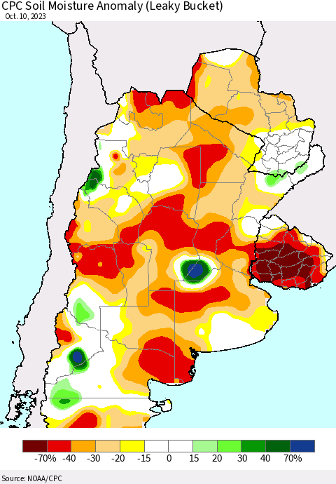 Southern South America CPC Soil Moisture Anomaly (Leaky Bucket) Thematic Map For 10/6/2023 - 10/10/2023
