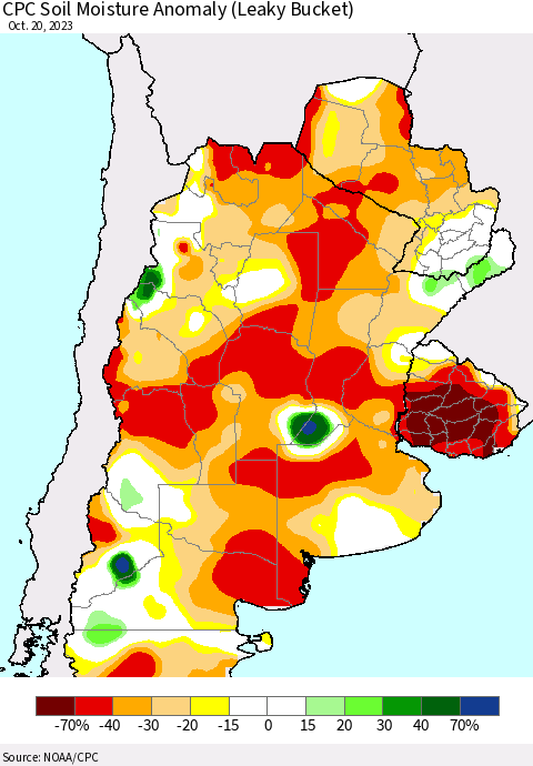Southern South America CPC Soil Moisture Anomaly (Leaky Bucket) Thematic Map For 10/16/2023 - 10/20/2023