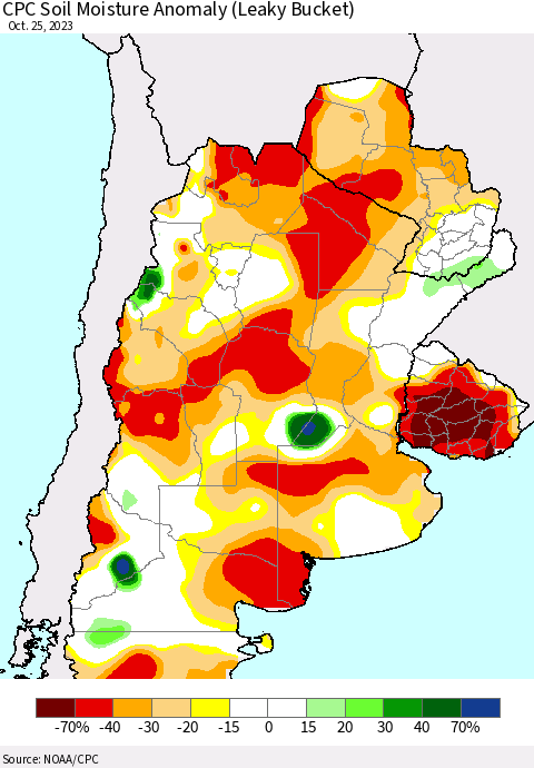 Southern South America CPC Soil Moisture Anomaly (Leaky Bucket) Thematic Map For 10/21/2023 - 10/25/2023