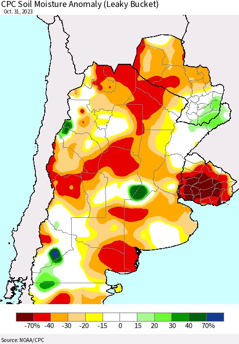 Southern South America CPC Soil Moisture Anomaly (Leaky Bucket) Thematic Map For 10/26/2023 - 10/31/2023