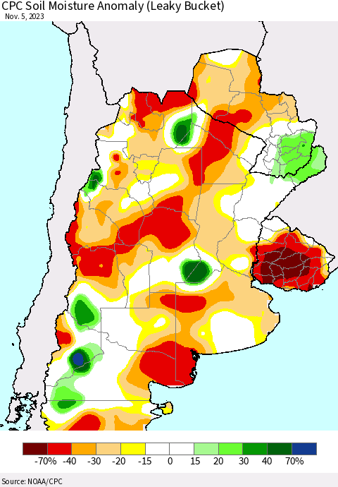 Southern South America CPC Soil Moisture Anomaly (Leaky Bucket) Thematic Map For 11/1/2023 - 11/5/2023
