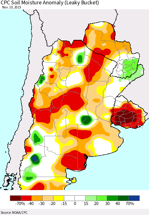 Southern South America CPC Soil Moisture Anomaly (Leaky Bucket) Thematic Map For 11/6/2023 - 11/10/2023