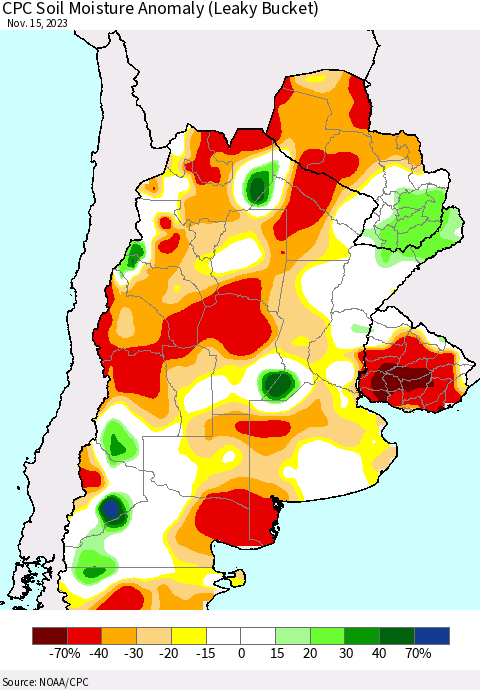 Southern South America CPC Soil Moisture Anomaly (Leaky Bucket) Thematic Map For 11/11/2023 - 11/15/2023