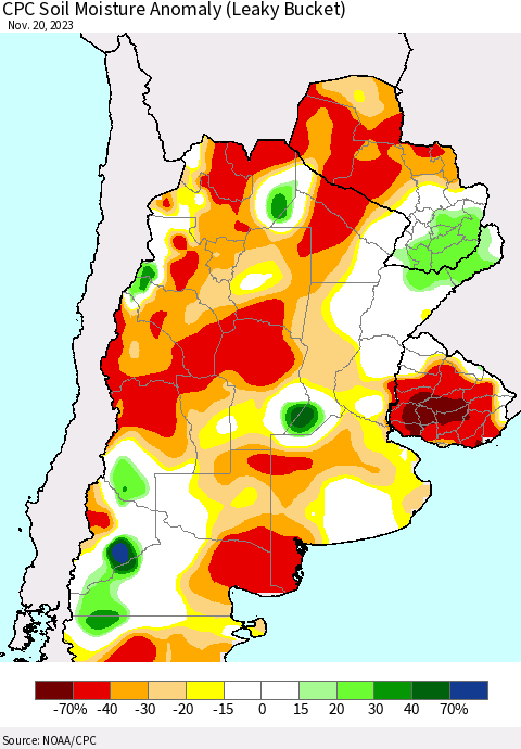 Southern South America CPC Soil Moisture Anomaly (Leaky Bucket) Thematic Map For 11/16/2023 - 11/20/2023